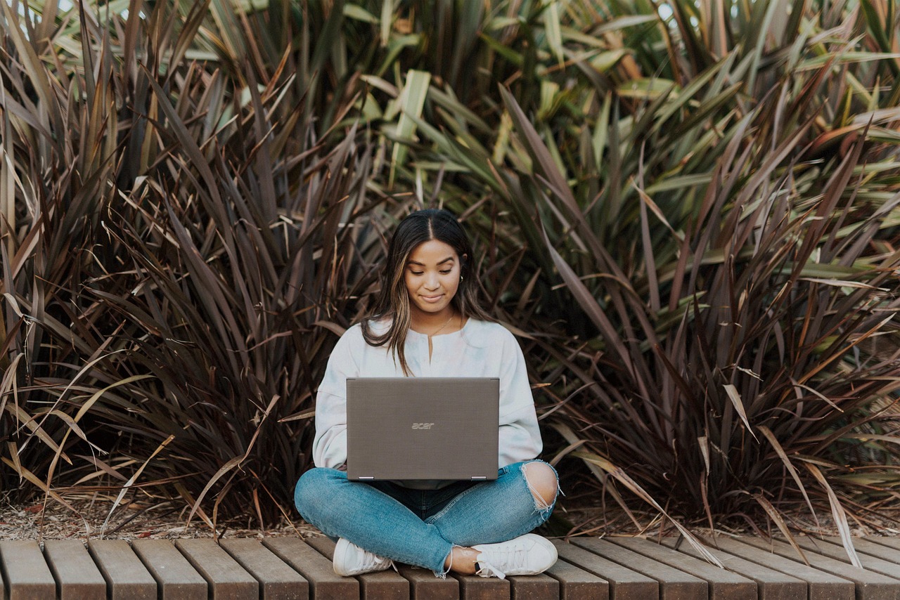 woman, laptop, working, outdoors, plants, work from anywhere, student, studying, technology, nature, business